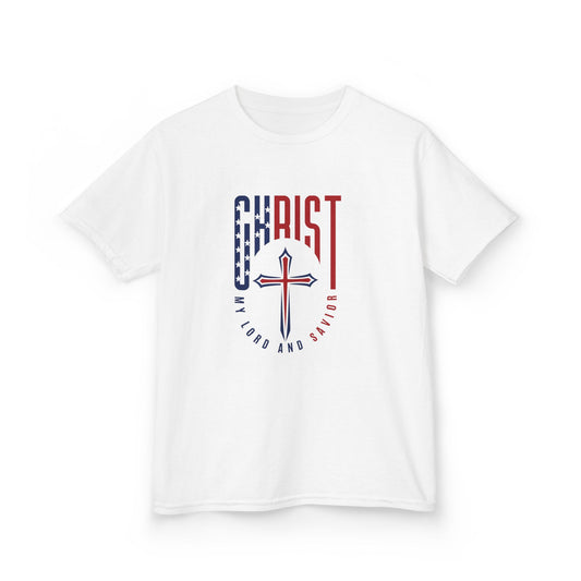 Kids Christian T-Shirt — "Christ Lives Our Hope" Patriotic Cross Tee