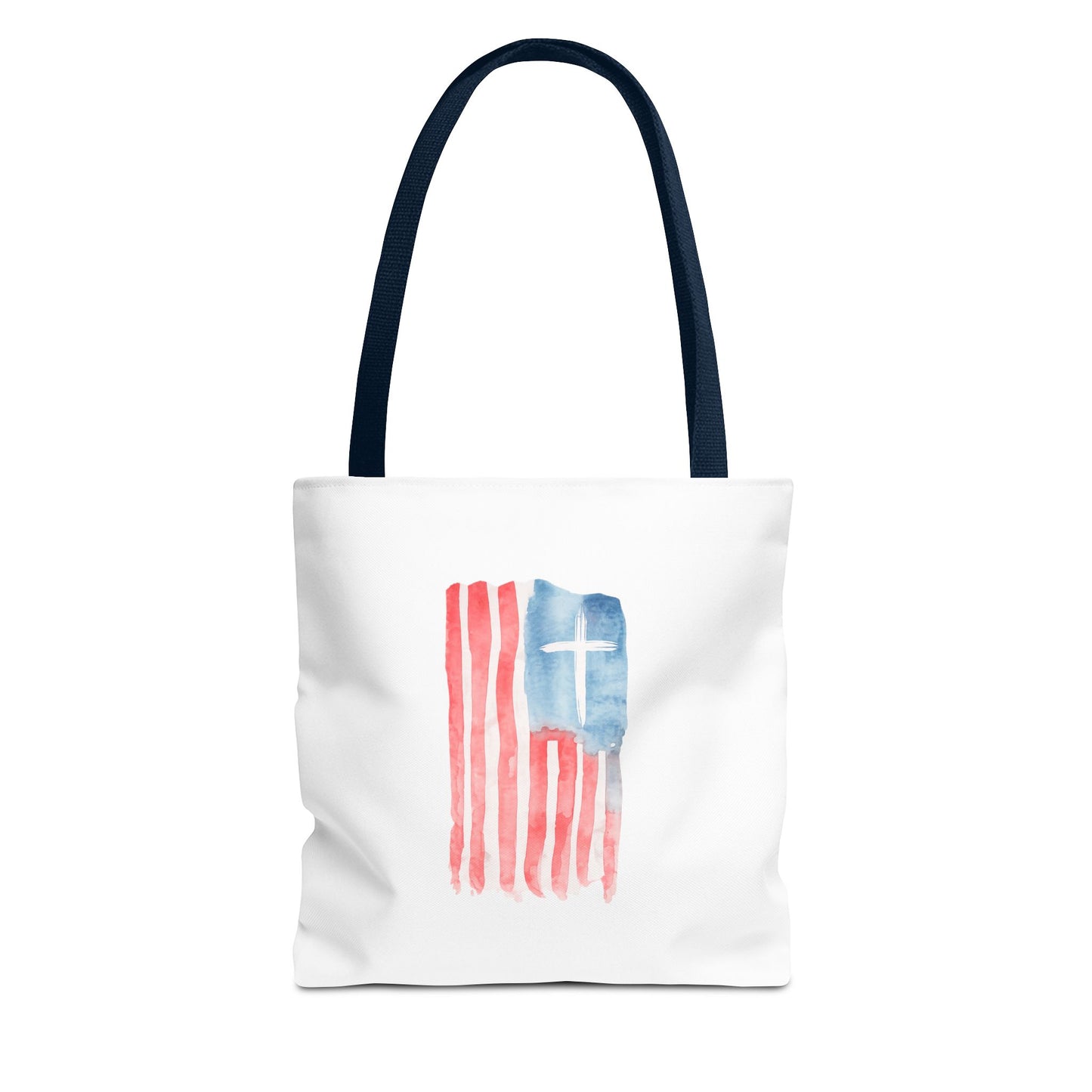 Patriotic Faith Tote Bag — Watercolor Flag with Cross & "Blessed By the Lord" Scripture