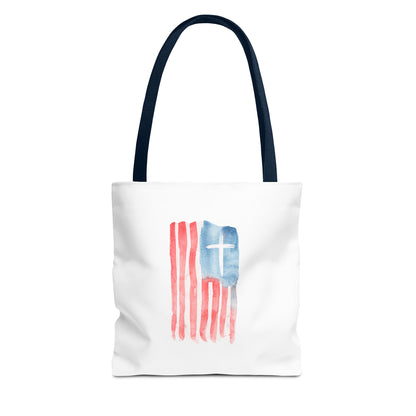 Patriotic Faith Tote Bag — Watercolor Flag with Cross & "Blessed By the Lord" Scripture