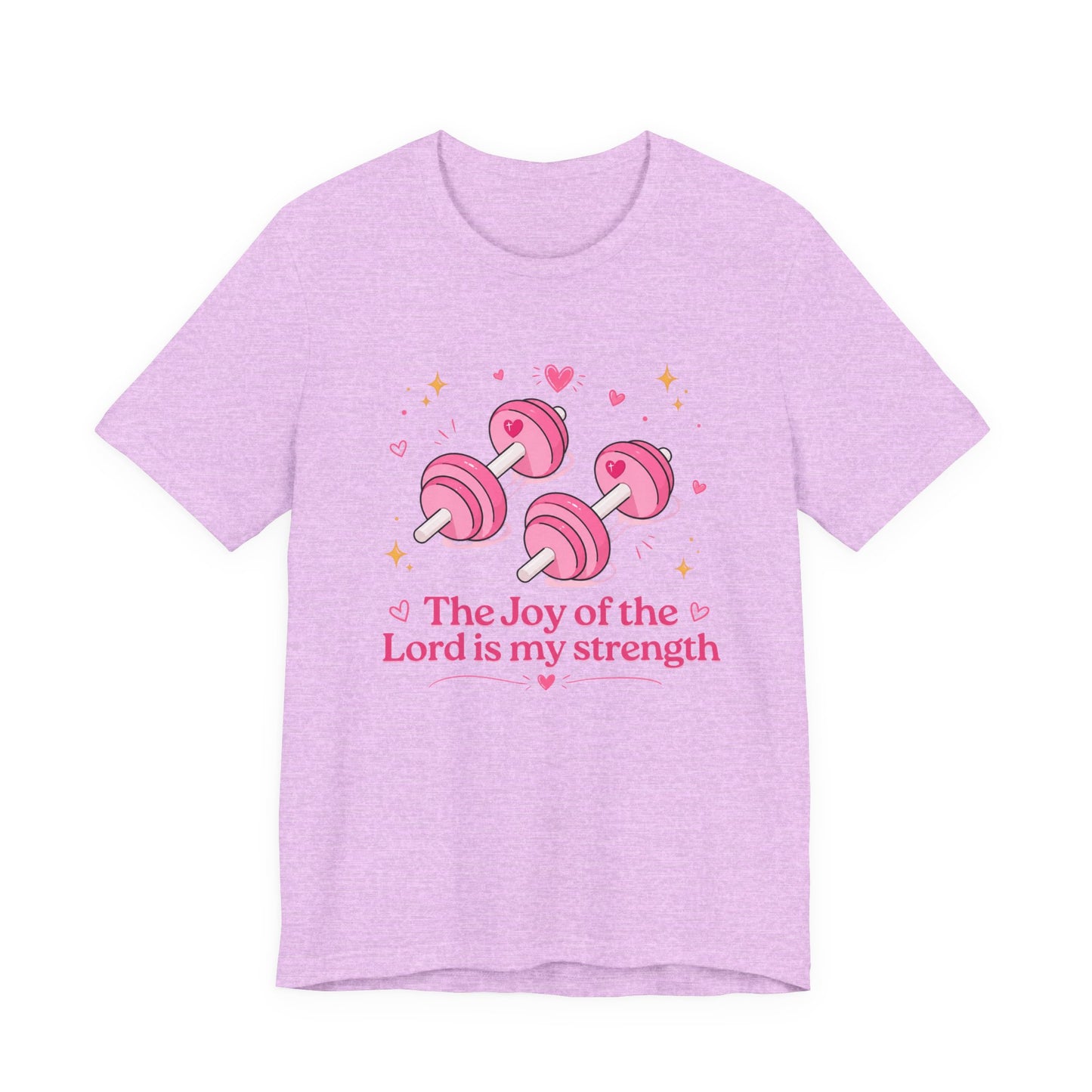 Christian Fitness T-Shirt — “The Joy of the Lord is My Strength” Pink Dumbbells Tee
