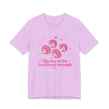 Christian Fitness T-Shirt — “The Joy of the Lord is My Strength” Pink Dumbbells Tee
