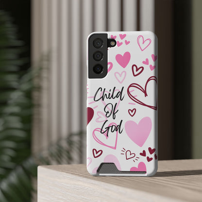 Phone Case — "Child of God" Card Holder Case, Pink Hearts Christian Phone Cover