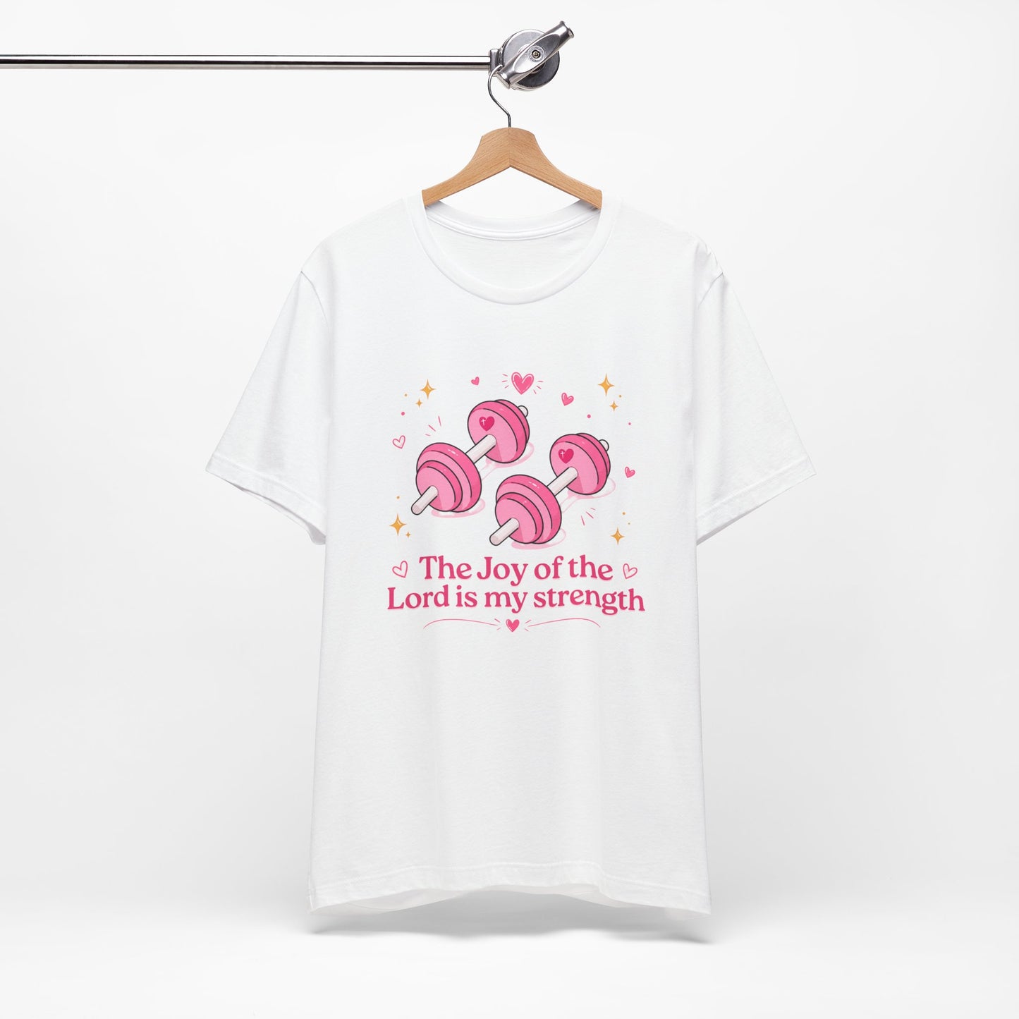 Christian Fitness T-Shirt — “The Joy of the Lord is My Strength” Pink Dumbbells Tee