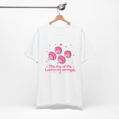 Christian Fitness T-Shirt — “The Joy of the Lord is My Strength” Pink Dumbbells Tee