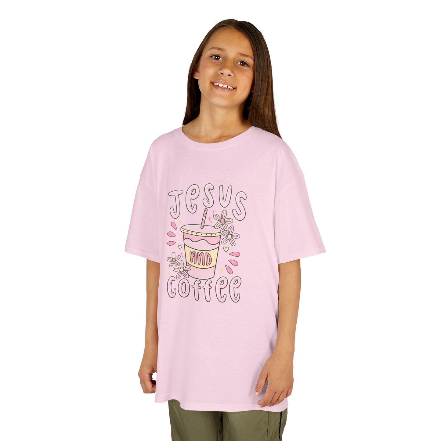 Kids Tee — “Jesus & Coffee” Cute Pastel Faith Graphic