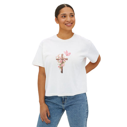 Women's Boxy Tee — Pink Floral Cross "Pray" Christian Graphic Shirt