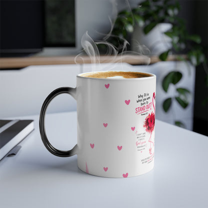 Color-Changing Flamingo Mug — 11oz Heat Reveal Coffee Cup (Pink Hearts)