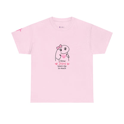 She Is Worthy T-Shirt — "I Know Jesus Loves Me" Pink Bow Christian Tee (Proverbs 31)