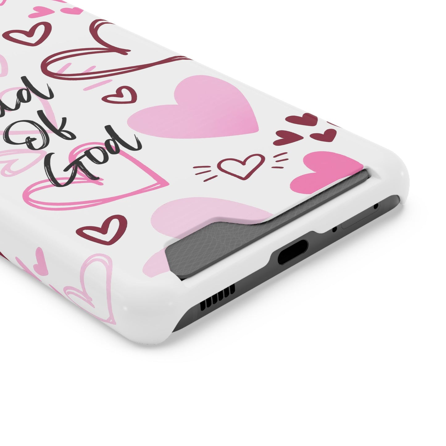 Phone Case — "Child of God" Card Holder Case, Pink Hearts Christian Phone Cover
