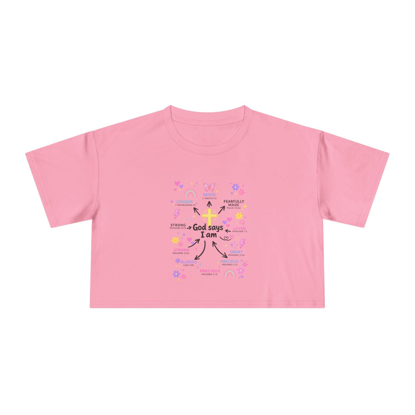 God Says I Am Floral Crop Tee — Christian Inspirational Women's Top