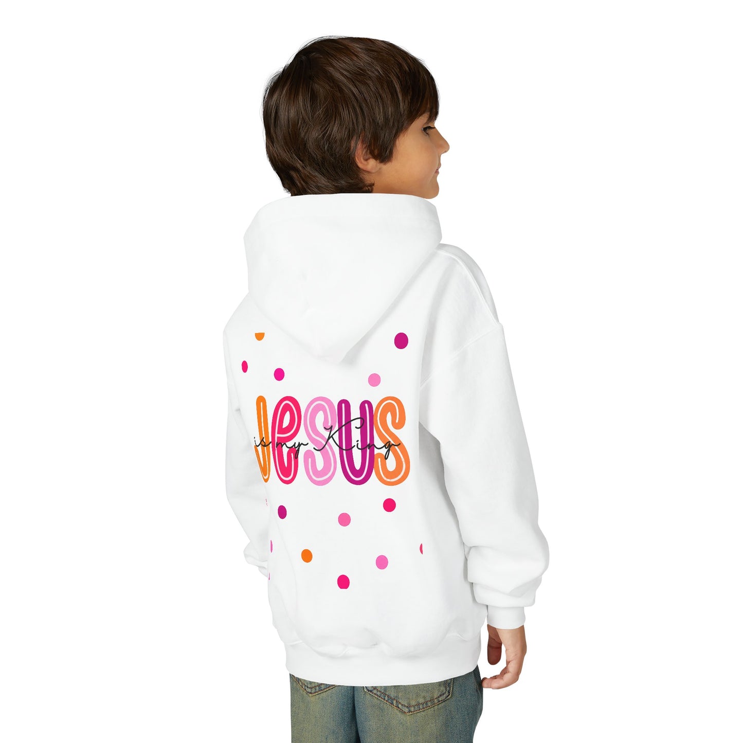 Youth Hoodie — “Jesus” Colorful Polka Dot Christian Pullover