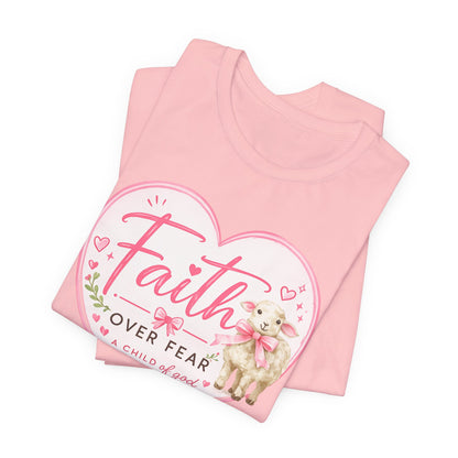 Faith Over Fear Heart T‑Shirt — Pink Floral Lamb Christian Tee
