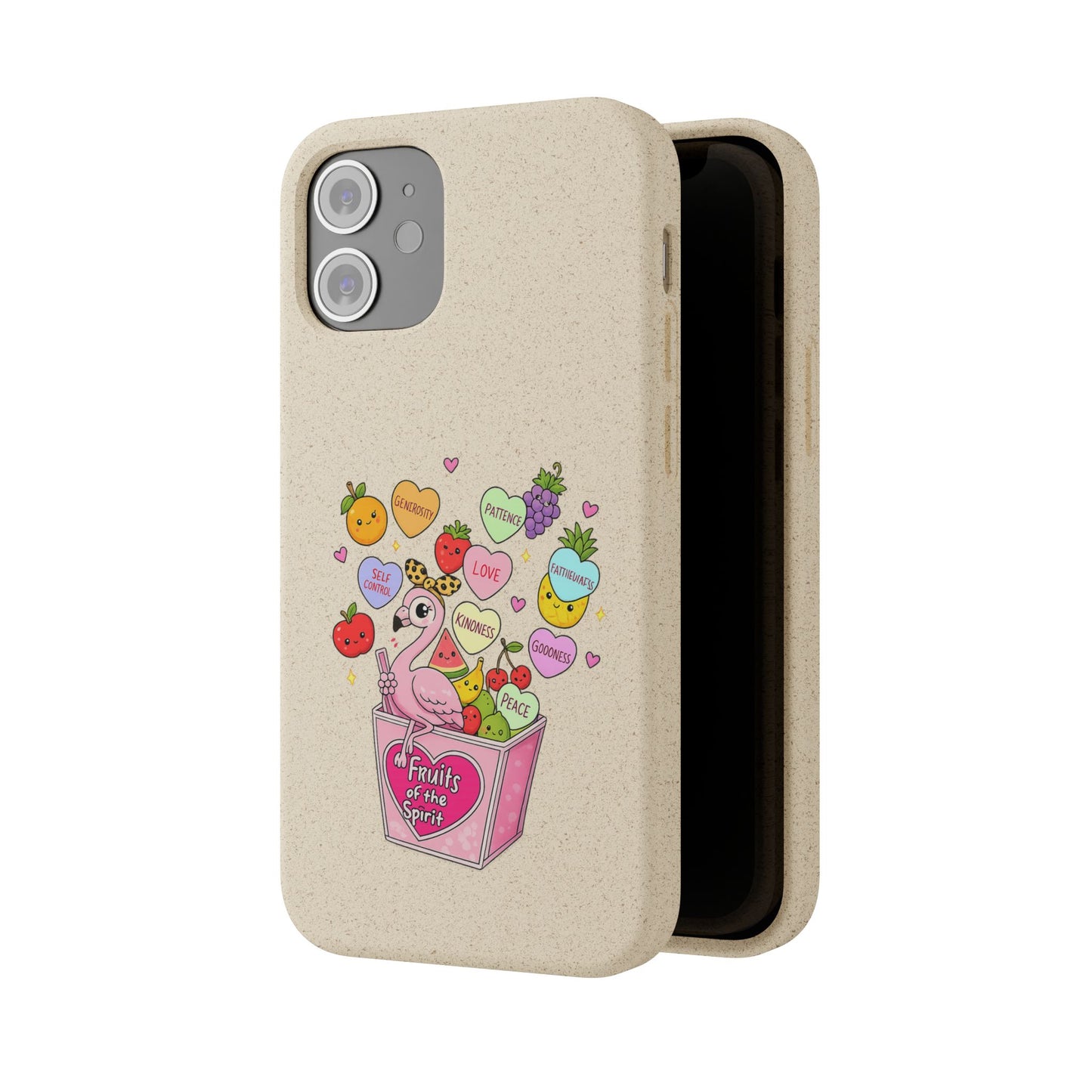 Biodegradable Phone Case — Cute Flamingo & Fruit Hearts "Fruity Love" Eco-Friendly iPhone Cover