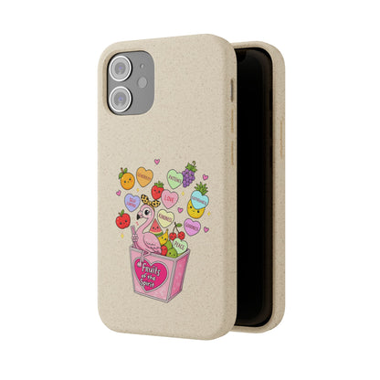 Biodegradable Phone Case — Cute Flamingo & Fruit Hearts "Fruity Love" Eco-Friendly iPhone Cover