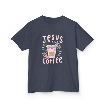 Kids Tee — “Jesus & Coffee” Cute Pastel Faith Graphic
