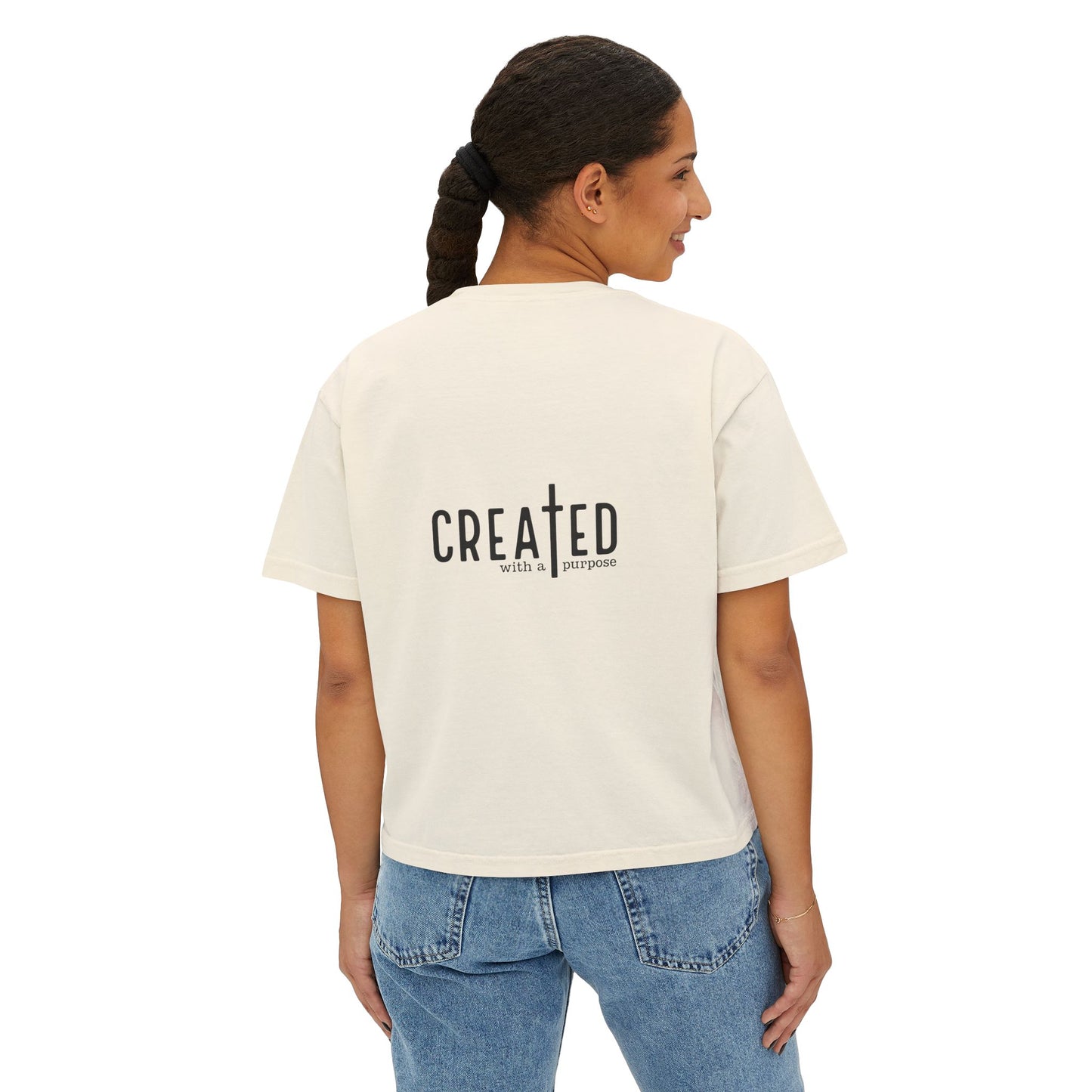Women's Boxy Tee — American Flag Sunflower 'Jesus' Front & 'Created with a Purpose' Back