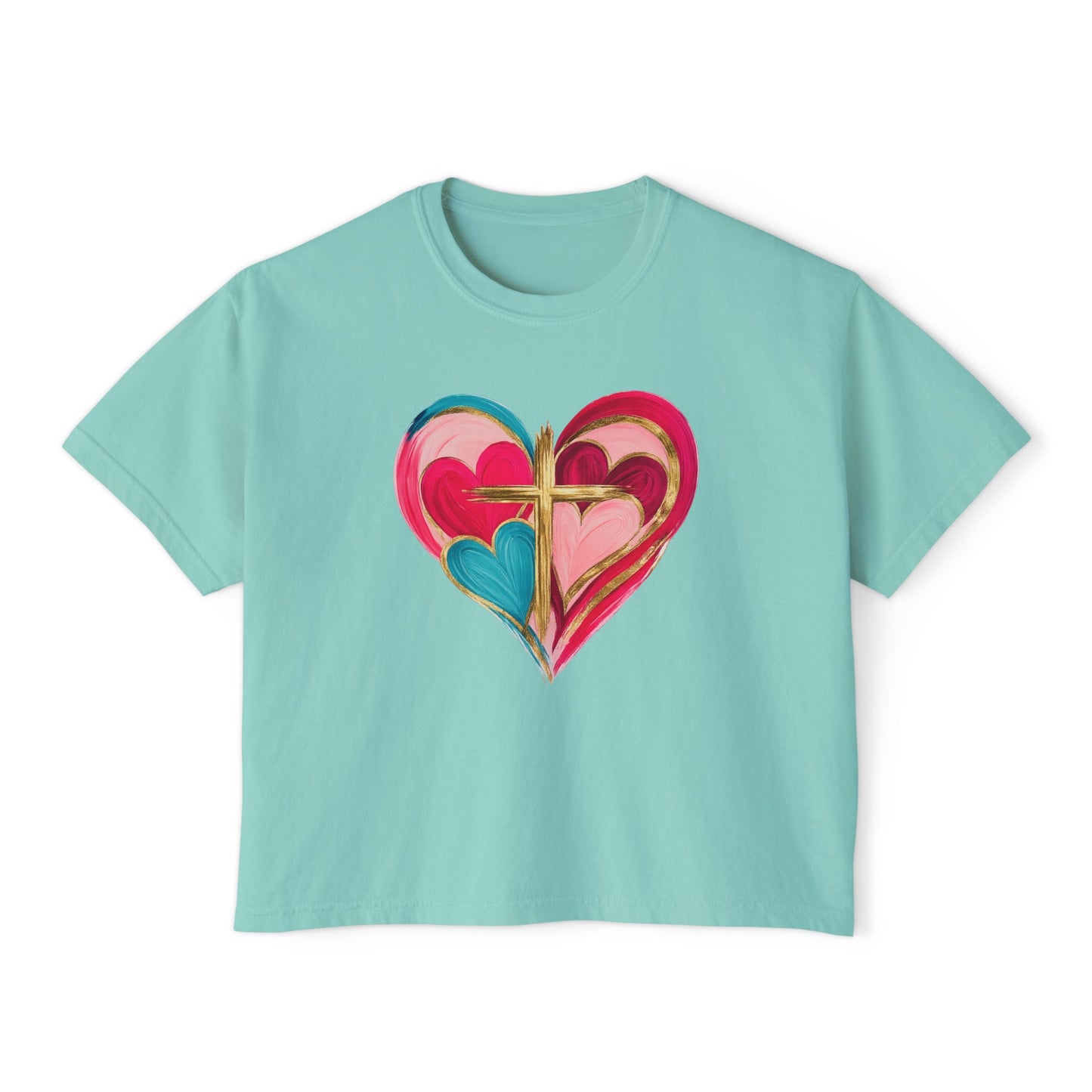 Heart Cross Women's Boxy Tee — Colorful Watercolor Heart Graphic