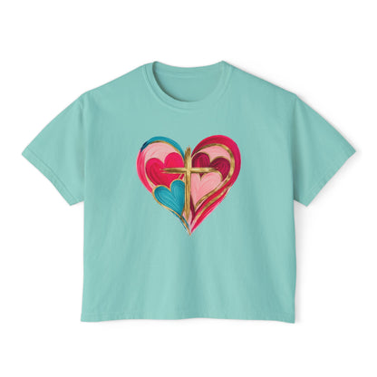Heart Cross Women's Boxy Tee — Colorful Watercolor Heart Graphic