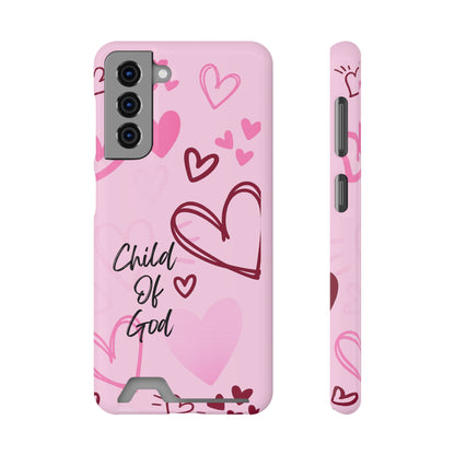 Pink "Child of God" Phone Card Case — Heart Pattern Religious Phone Case with Card Holder