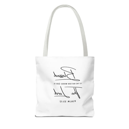 Patriotic Faith Tote Bag — Watercolor Flag with Cross & "Blessed By the Lord" Scripture