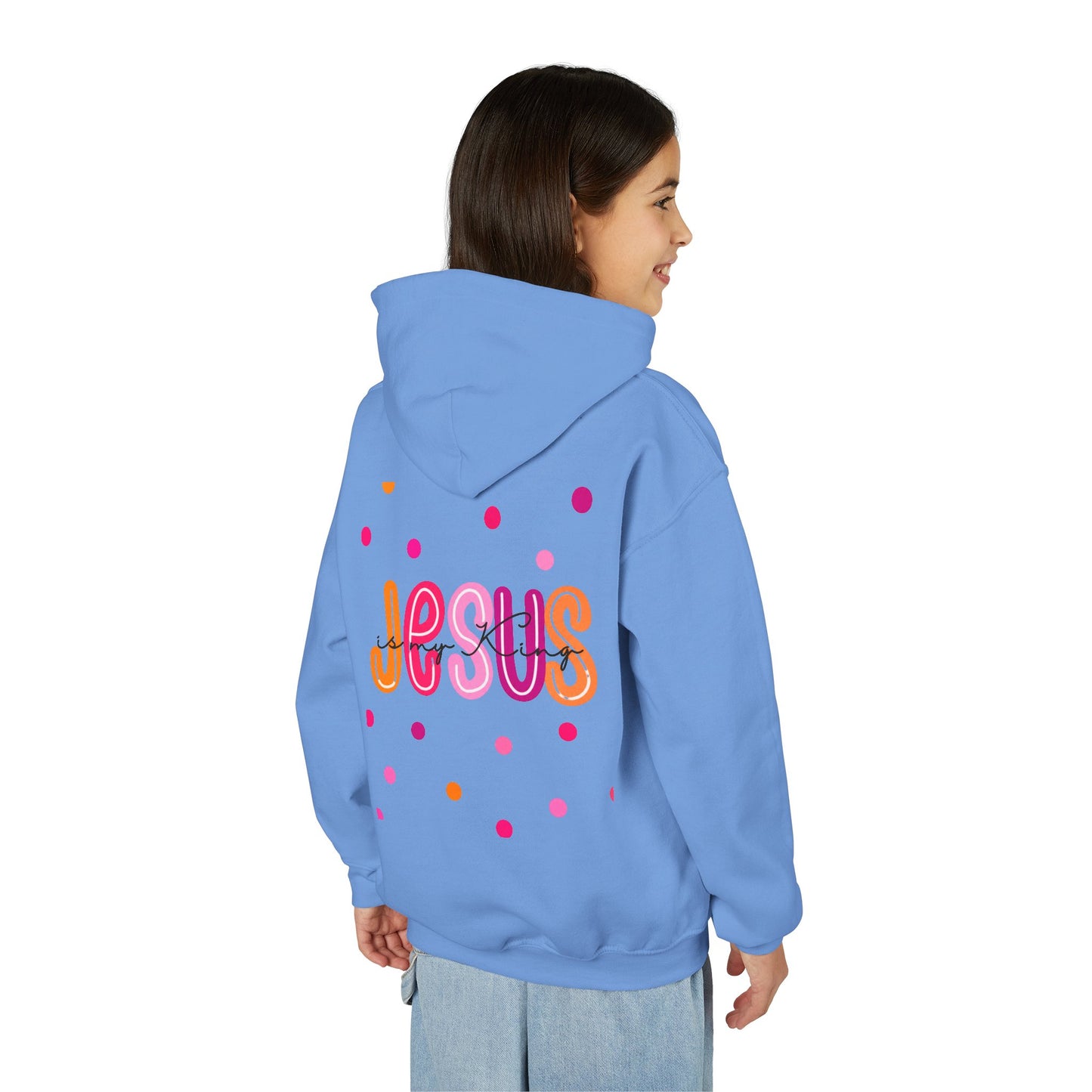 Youth Hoodie — “Jesus” Colorful Polka Dot Christian Pullover