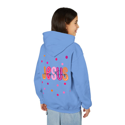 Youth Hoodie — “Jesus” Colorful Polka Dot Christian Pullover