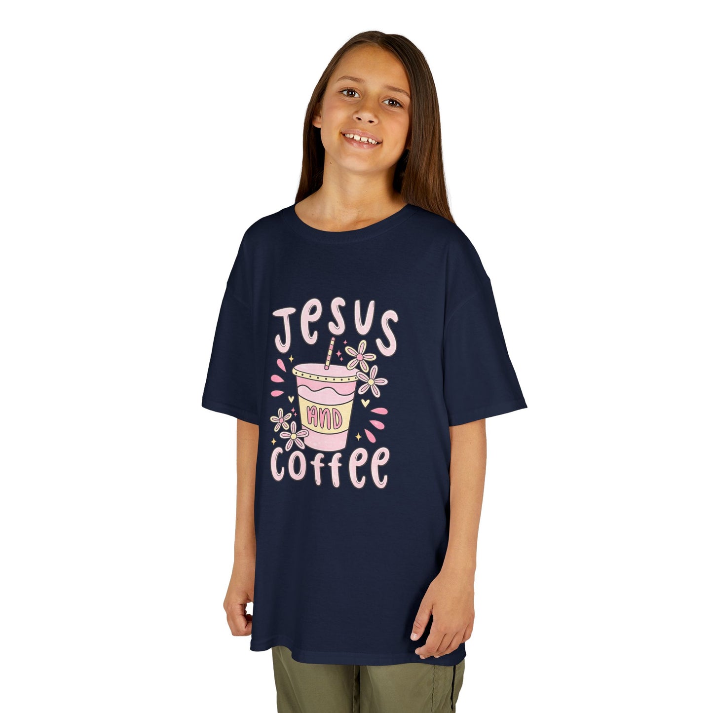 Kids Tee — “Jesus & Coffee” Cute Pastel Faith Graphic