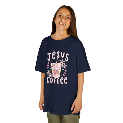 Kids Tee — “Jesus & Coffee” Cute Pastel Faith Graphic