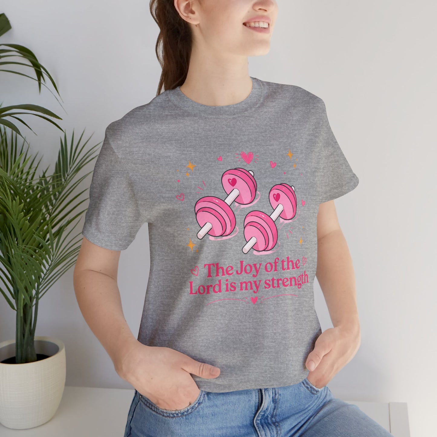 Christian Fitness T-Shirt — “The Joy of the Lord is My Strength” Pink Dumbbells Tee