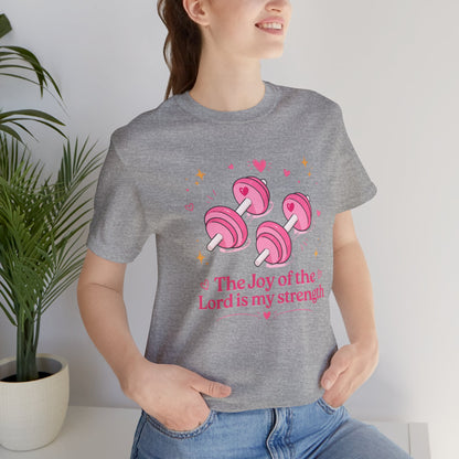 Christian Fitness T-Shirt — “The Joy of the Lord is My Strength” Pink Dumbbells Tee