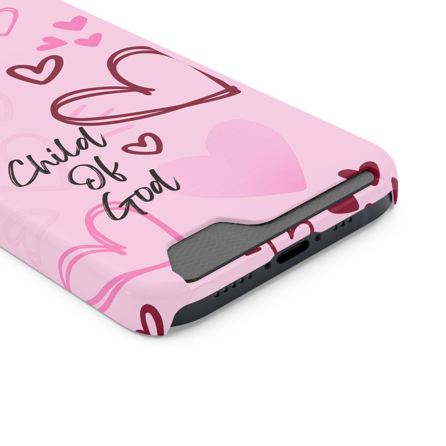 Pink "Child of God" Phone Card Case — Heart Pattern Religious Phone Case with Card Holder