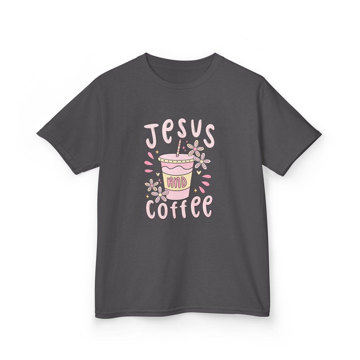 Kids Tee — “Jesus & Coffee” Cute Pastel Faith Graphic