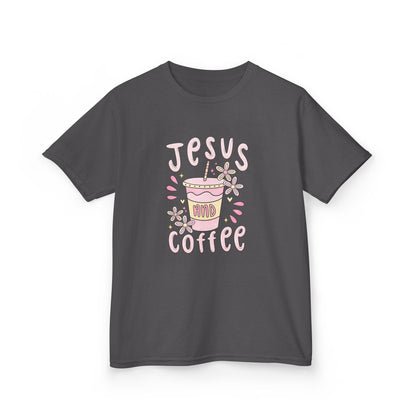 Kids Tee — “Jesus & Coffee” Cute Pastel Faith Graphic