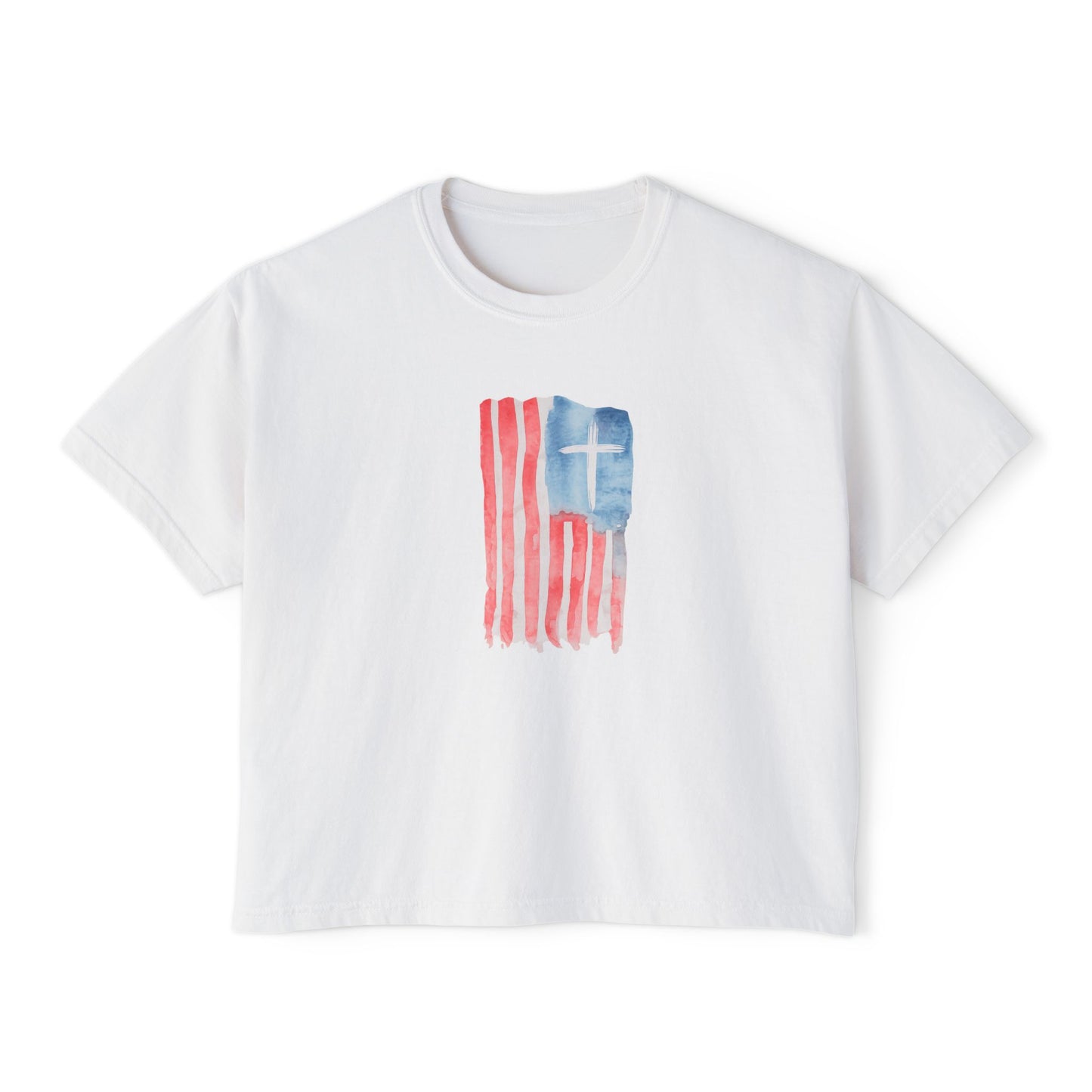 Blessed Tee — Women’s Boxy Christian T-Shirt with Flag Cross (Psalm 33:12)