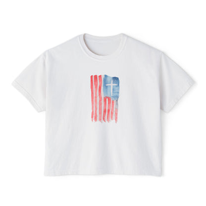 Blessed Tee — Women’s Boxy Christian T-Shirt with Flag Cross (Psalm 33:12)