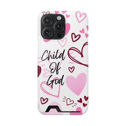 Phone Case — "Child of God" Card Holder Case, Pink Hearts Christian Phone Cover
