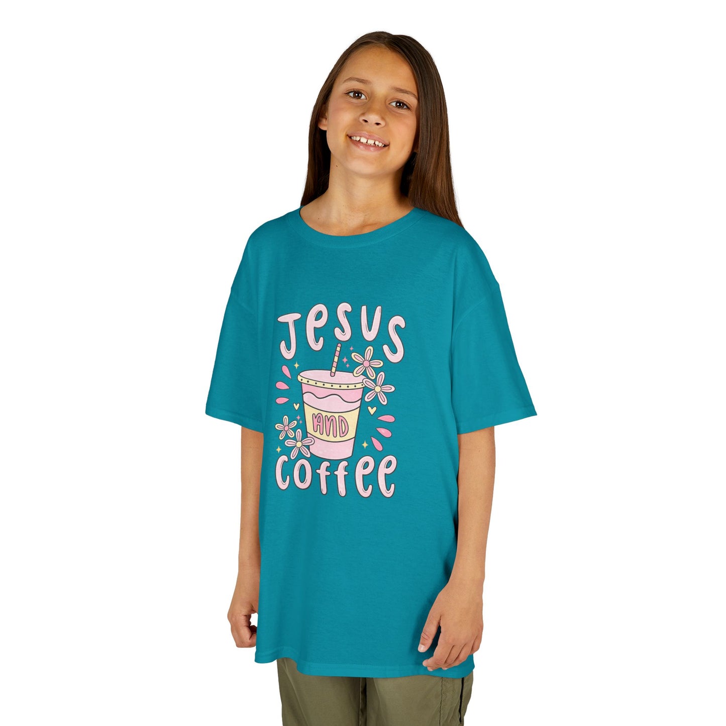 Kids Tee — “Jesus & Coffee” Cute Pastel Faith Graphic