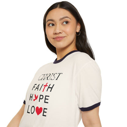 Christian Ringer T-Shirt — 'CHRIST' Front / 'JESUS' Back Religious Tee