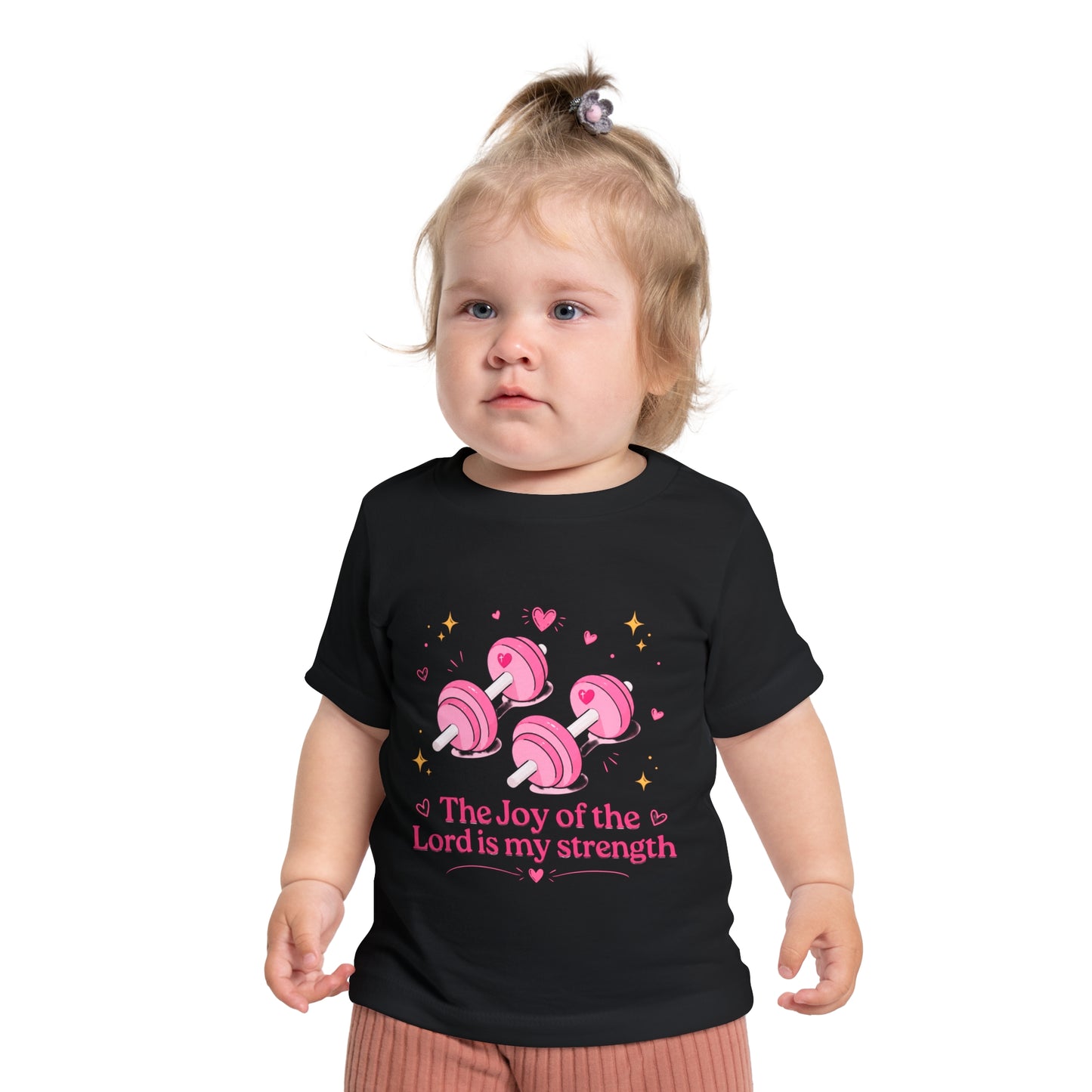 Baby Tee — "The Joy of the Lord is My Strength" Pink Dumbbell Christian Infant Shirt