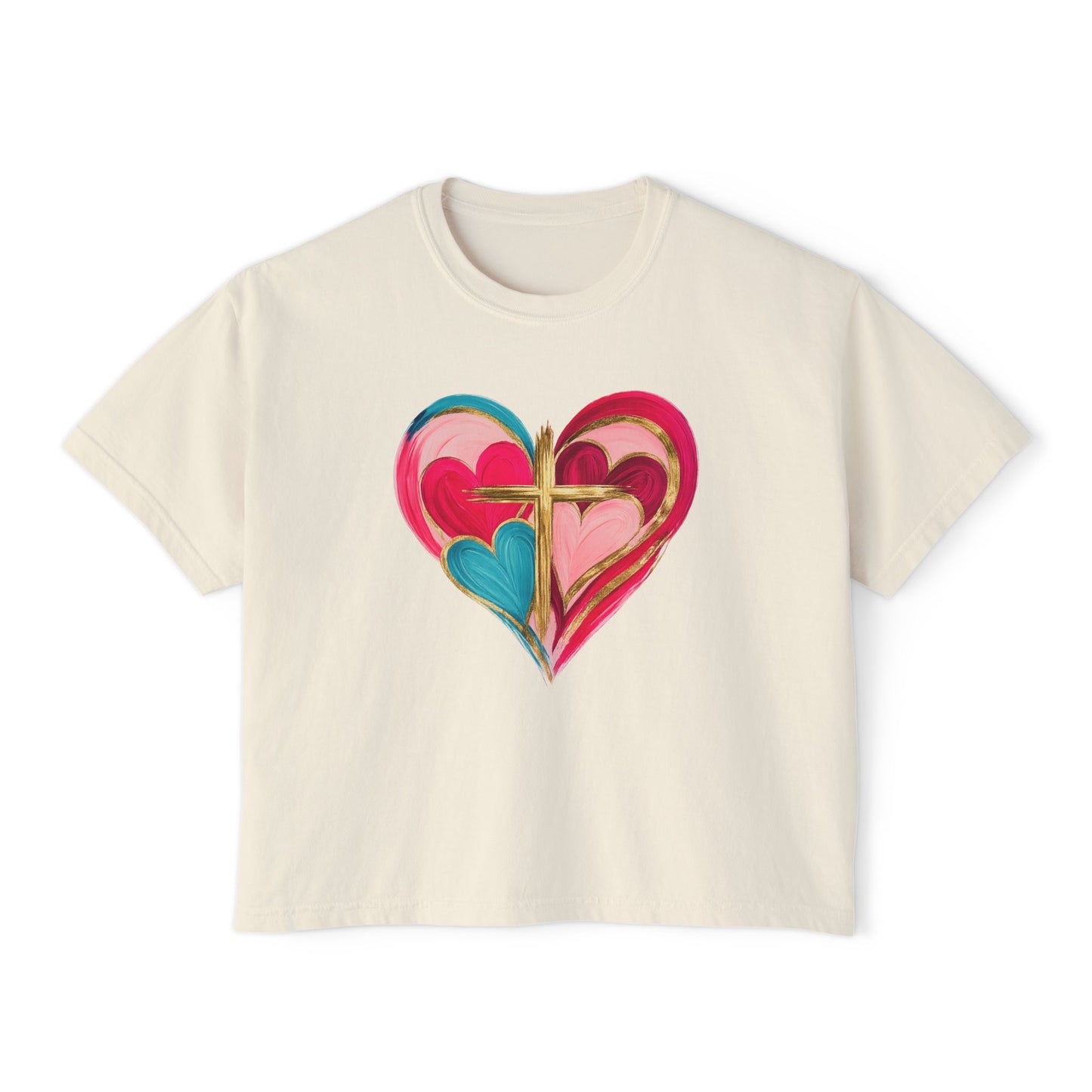 Heart Cross Women's Boxy Tee — Colorful Watercolor Heart Graphic