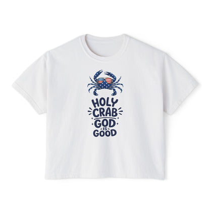 Women’s Boxy Tee — ‘Holy Crab, God Is Good’ Nautical Christian Tee