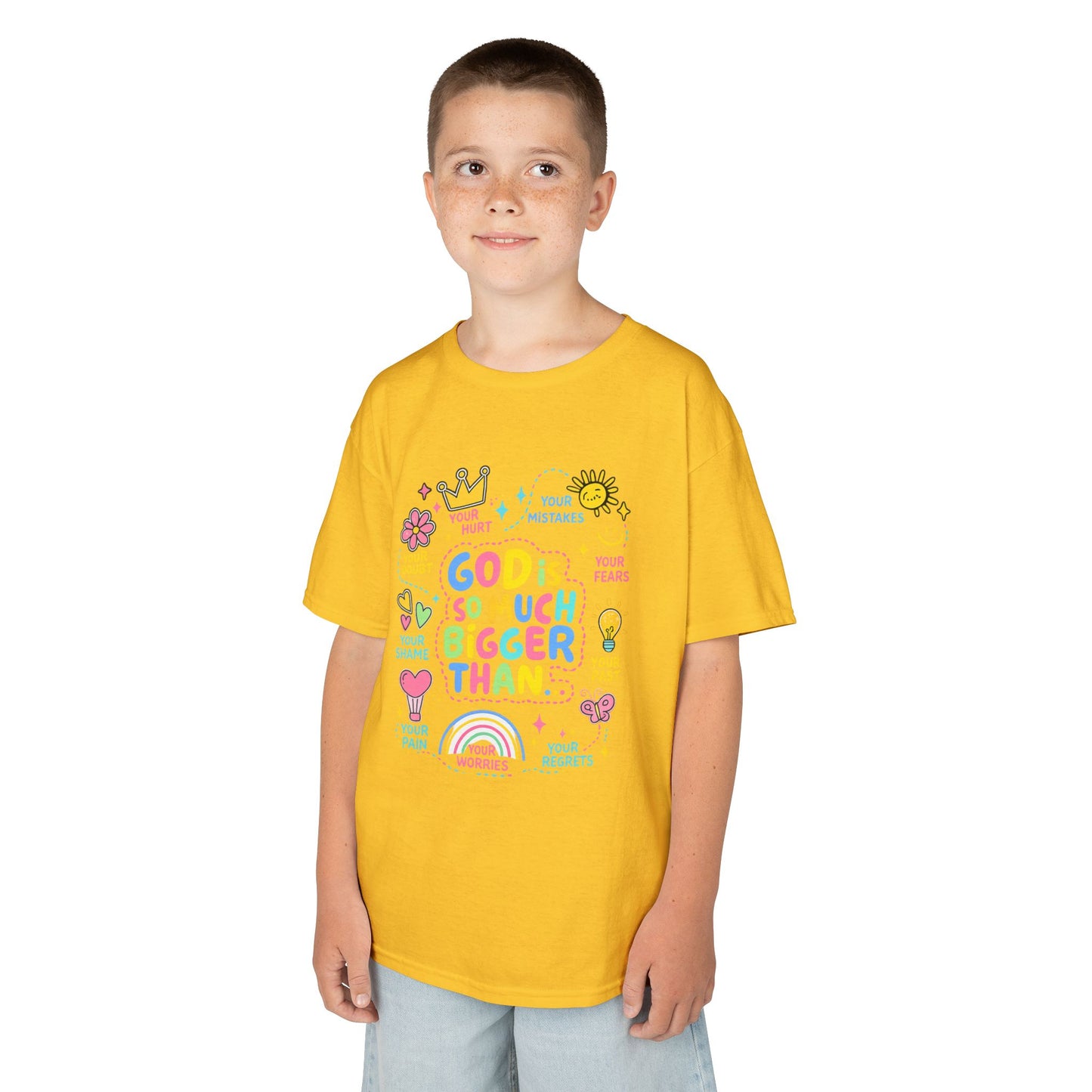 UNISEX Kids Tee — "God Is So Much Bigger Than" Colorful Faith Graphic