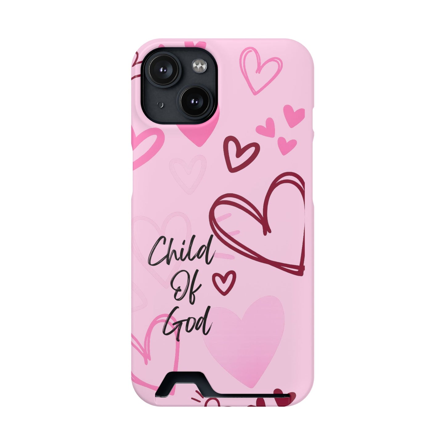 Pink "Child of God" Phone Card Case — Heart Pattern Religious Phone Case with Card Holder