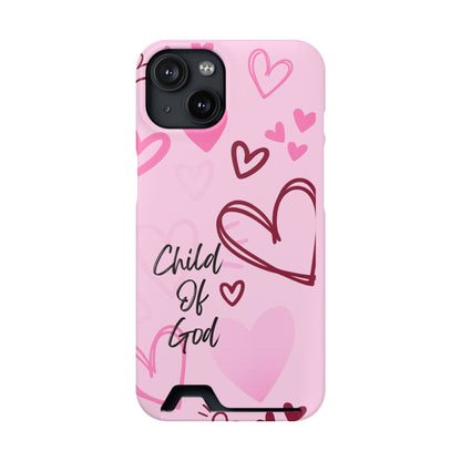 Pink "Child of God" Phone Card Case — Heart Pattern Religious Phone Case with Card Holder