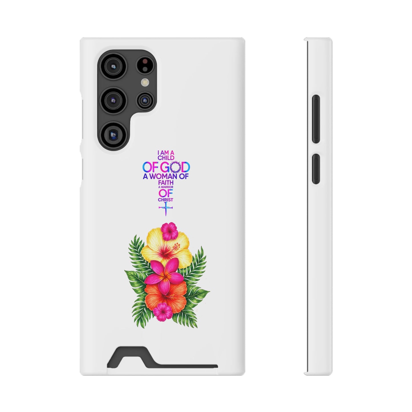 Phone Case with Card Holder — Floral Cross Design: "I Am a Child of God, A Woman of Faith"