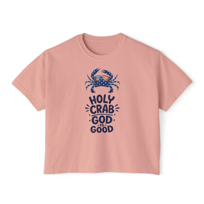 Women’s Boxy Tee — ‘Holy Crab, God Is Good’ Nautical Christian Tee
