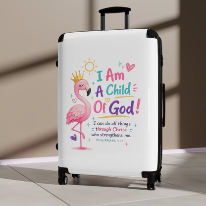 Child of God Kids Suitcase – Pink Flamingo Faith Travel Luggage (Philippians 4:13)