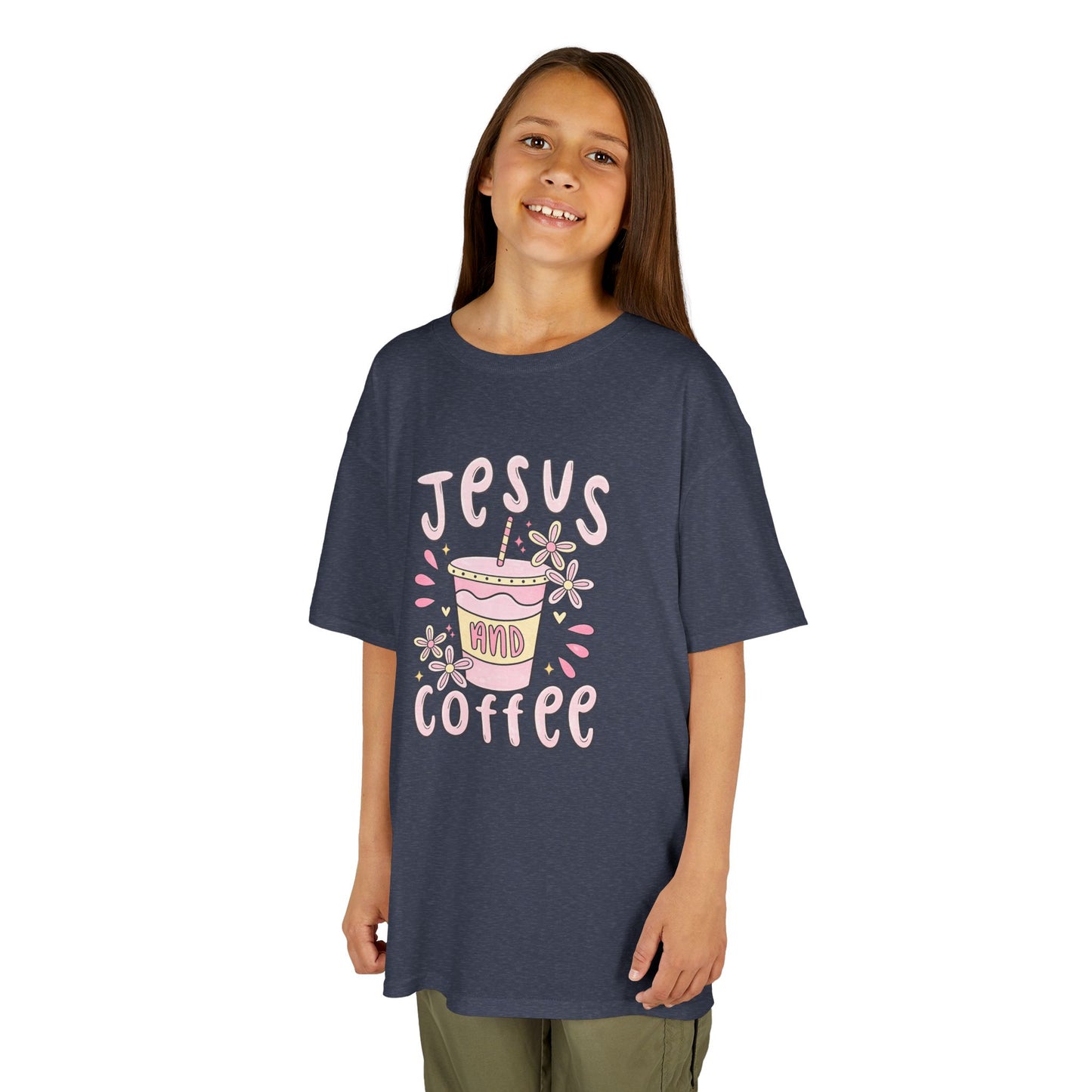 Kids Tee — “Jesus & Coffee” Cute Pastel Faith Graphic