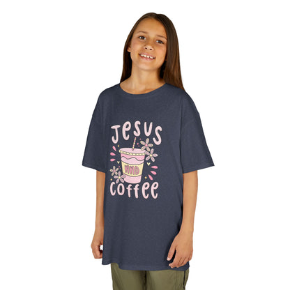Kids Tee — “Jesus & Coffee” Cute Pastel Faith Graphic
