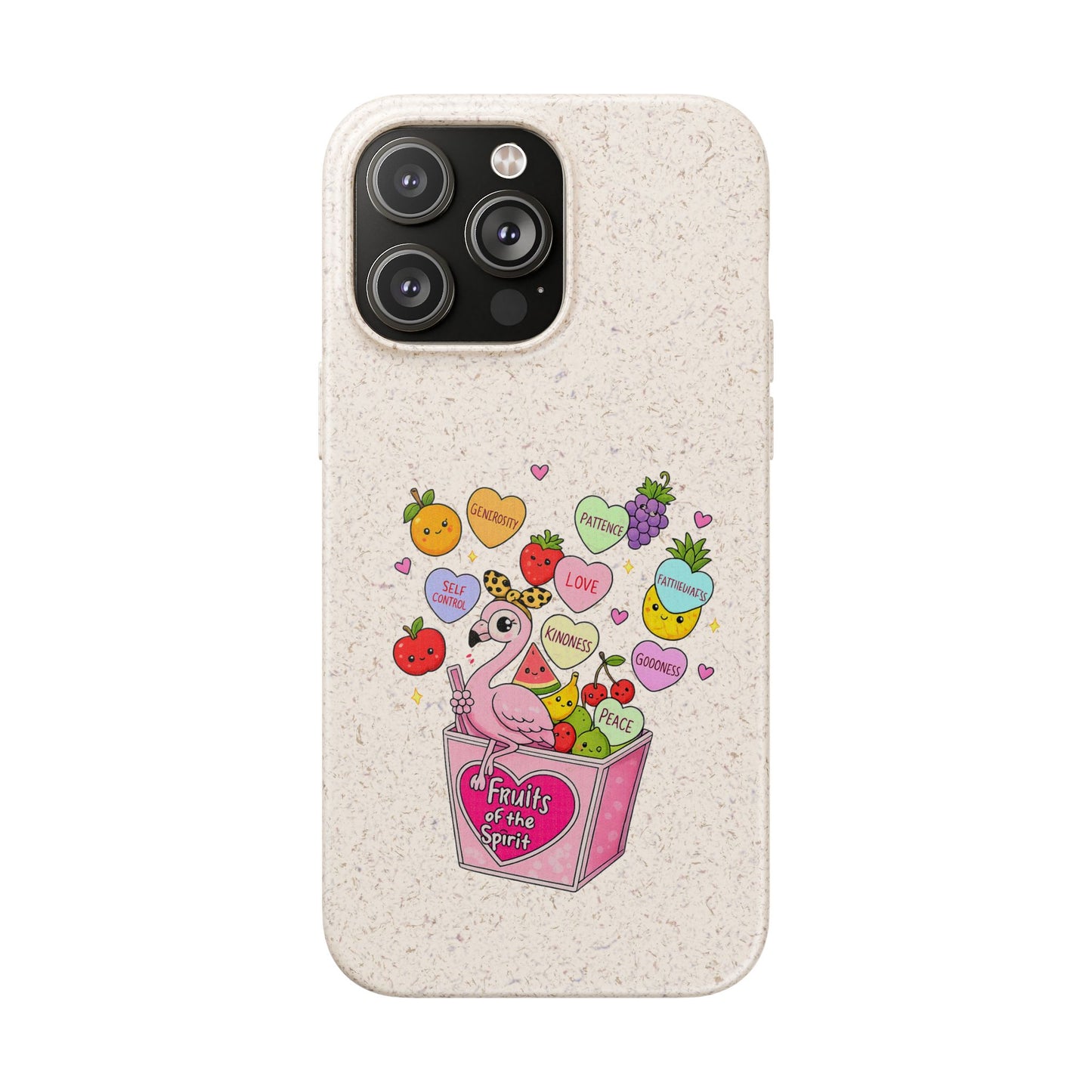 Biodegradable Phone Case — Cute Flamingo & Fruit Hearts "Fruity Love" Eco-Friendly iPhone Cover